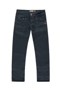 Donkerblauwe katoenen broek met een slim fit, voorzien van vijf zakken, metalen hardware en een subtiele textuurafwerking.