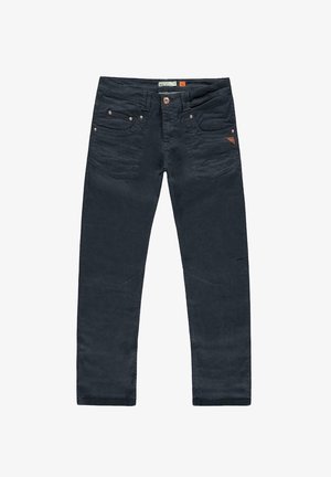 Donkerblauwe katoenen broek met een slim fit, voorzien van vijf zakken, metalen hardware en een subtiele textuurafwerking.