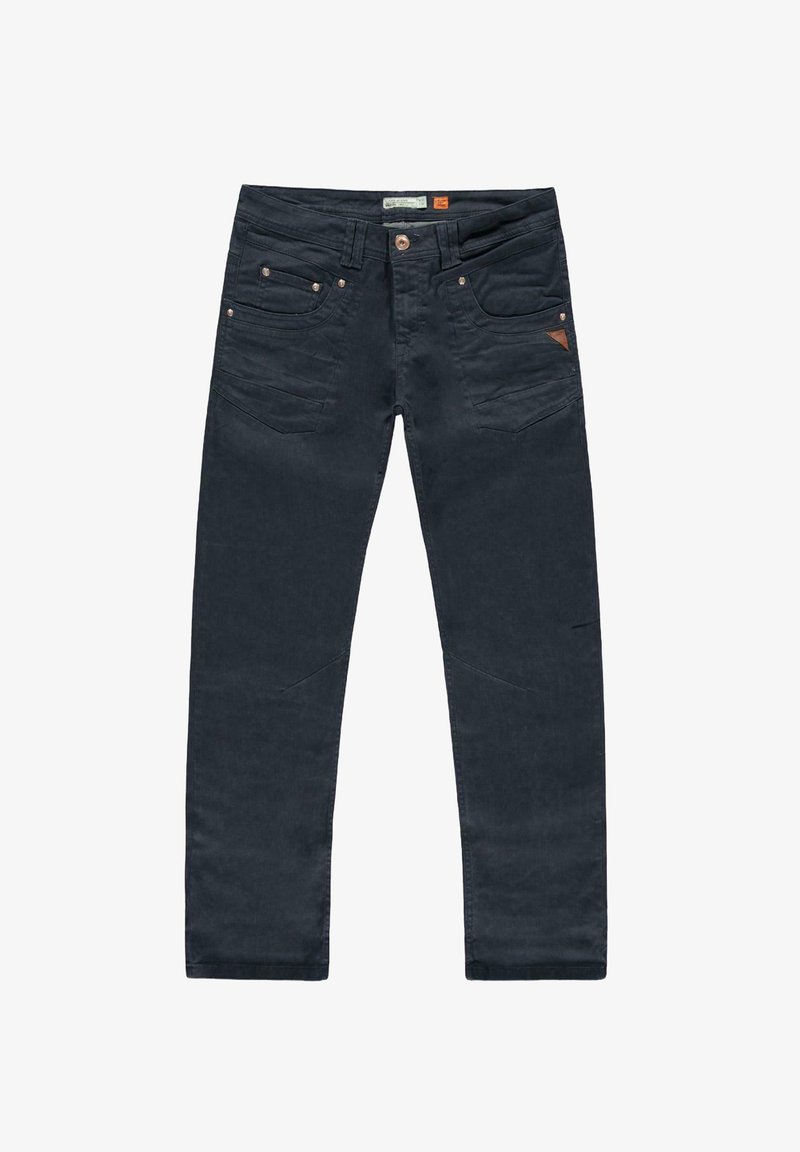 Donkerblauwe katoenen broek met een slim fit, voorzien van vijf zakken, metalen hardware en een subtiele textuurafwerking.