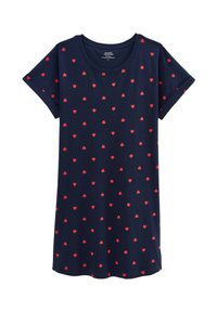 Robe t-shirt en coton bleu marine avec un col rond et des manches courtes, ornée d'un motif de petits cœurs rouges sur le tissu.
