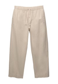 Beige, weit geschnittene Hose aus weicher Baumwolle. Mit einem elastischen Bund und Kordelzug. Minimalistisches Design ohne sichtbare Muster.