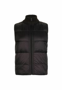 Svart pufferväst med hög krage, vadderad design, frontdragkedja och en slät yta. Ingen ärm, med horisontella quiltade sektioner.