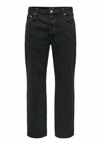 Jean en denim noir à coupe droite, conception à cinq poches, fermeture par bouton en métal et détails de couture discrets.