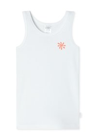 Biały organiczny bawełniany top bez rękawów z okrągłym dekoltem i cienkimi ramiączkami. Posiada małą pomarańczową grafikę słońca w górnym lewym rogu.