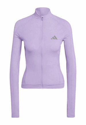 Lavender full-zip women's athletic jacket with long sleeves, high collar, and small reflective Adidas logo on the left chest.