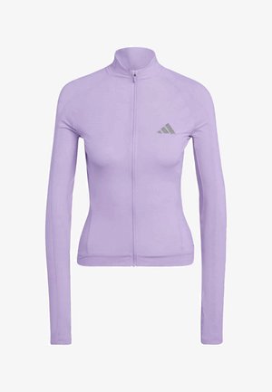 Lila Damen-Sportjacke mit durchgehendem Reißverschluss, langen Ärmeln, hohem Kragen und kleinem reflektierendem Adidas-Logo auf der linken Brust.