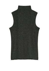 Top senza maniche in nero con una sottile texture glitterata. Presenta un design aderente e una finitura liscia senza hardware o accenti visibili.