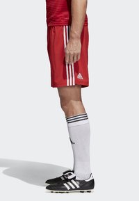 Rote Sportshorts mit weißen Streifen, schwarze Fußballschuhe und knielange weiße Socken mit schwarzen Streifen. Von der Seite gezeigt.