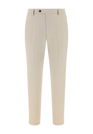 Pantaloni beige dal design sartoriale, con chiusura frontale a zip e bottone, gambe dritte e senza motivi o accenti visibili.