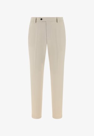 Pantalon beige au design sur mesure, avec une fermeture éclair et un bouton à l'avant, jambes droites, sans motifs ni accents visibles.