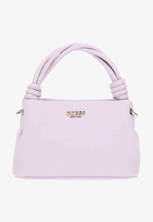 Sac à main lilas en matériau lisse. Doté de poignées torsadées et d'un logo doré de marque à l'avant. Forme structurée sans quincaillerie visible.