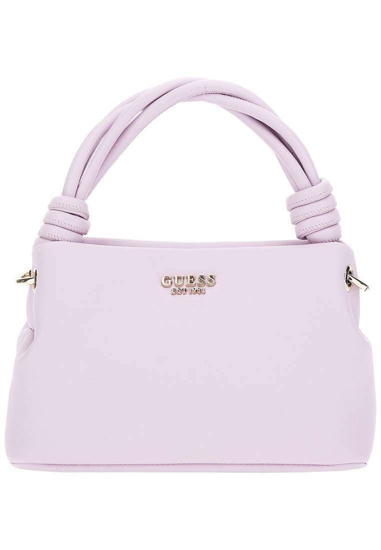 Sac à main lilas en matériau lisse. Doté de poignées torsadées et d'un logo doré de marque à l'avant. Forme structurée sans quincaillerie visible.