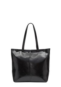 Czarna skórzana torba na ramię z dwoma paskami, gładka tekstura i minimalistyczny design. Posiada okrągłe otwory akcentujące oraz pionową szew.