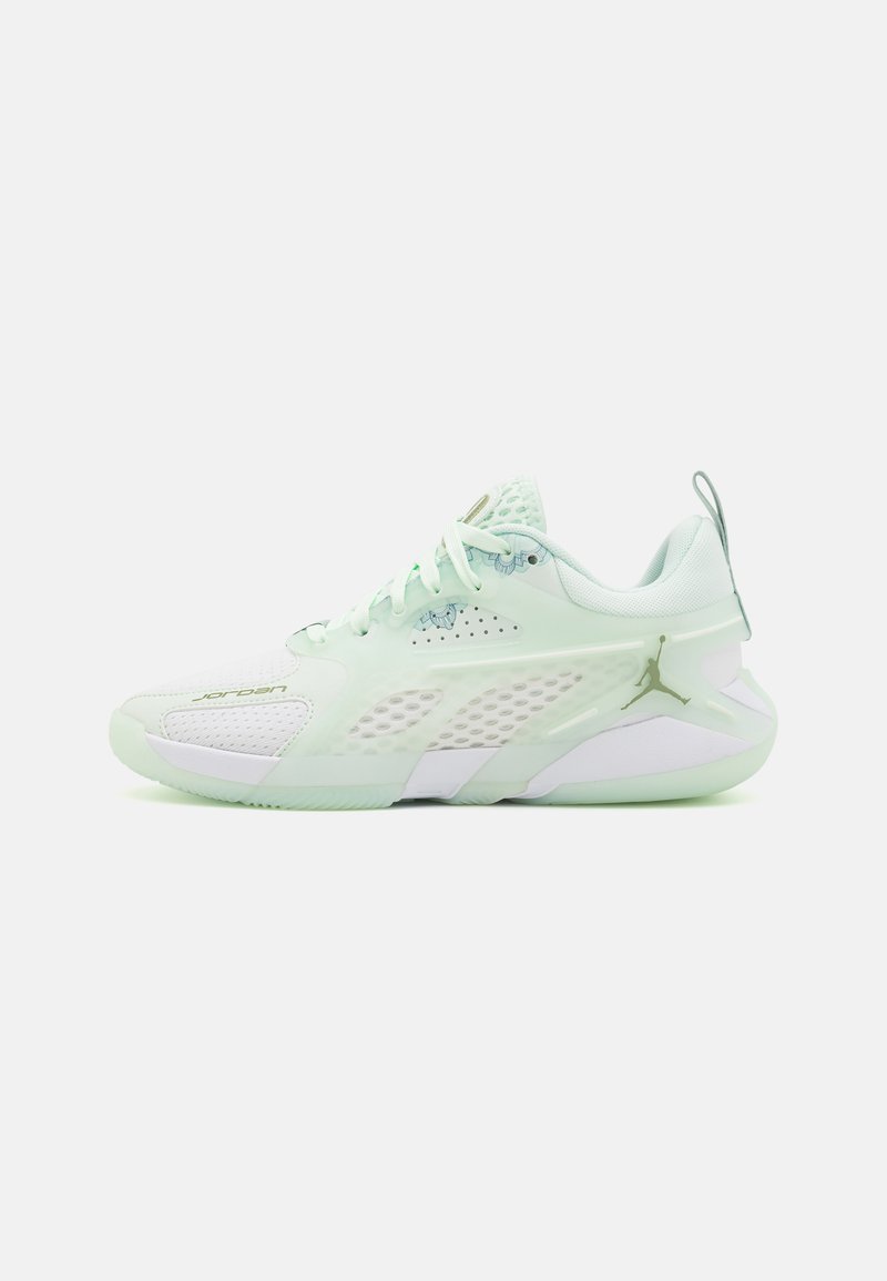 Light green athletic shoe with mesh and synthetic overlays, characterized by a textured white toe, prominent Jordan logo, and lace closure.