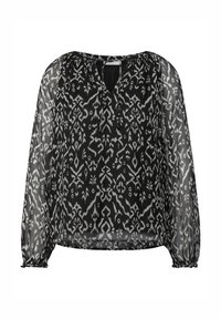 Schwarze transparente Bluse mit langen Ärmeln und V-Ausschnitt. Verfügt über ein kontrastierendes weißes abstraktes Muster und geraffte Manschetten. Weicher, leichter Stoff.