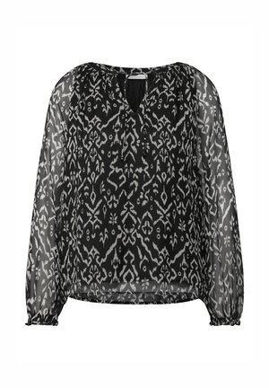 Zwarte doorzichtige blouse met lange mouwen en een V-hals. Bevat een contrasterend wit abstract patroon en gerimpelde manchetten. Zacht, lichtgewicht stof.