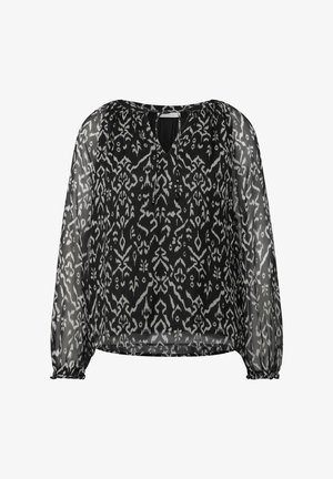 Czarna przezroczysta bluzka z długimi rękawami i dekoltem w kształcie litery V. Posiada kontrastowy, biały abstrakcyjny wzór oraz marszczone mankiety. Miękka, lekka tkanina.