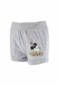 Pantalones cortos de algodón gris con una cinturilla acanalada, que presentan un diseño impreso de un ratón de dibujos animados y "MINNIE" en letras doradas.