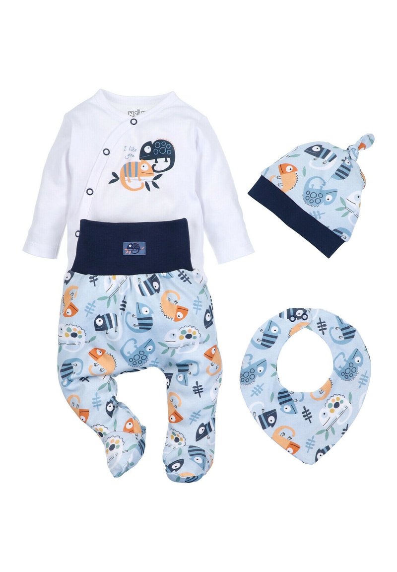 Vaatteet setti vauvoille, johon kuuluu pitkähihainen valkoinen body graafisella suunnittelulla, siniset kuvioidut housut, yhteensopiva hattu ja liina, jossa on sarjakuvamaisia motiiveja.