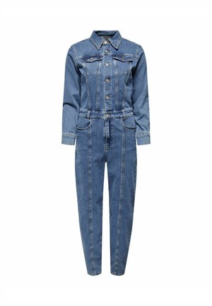 Blauer Jeans-Overall mit langen Ärmeln, vorderer Knopfleiste, Kragen, Brust- und Seitentaschen sowie gesteppten vertikalen Nahtdetails.