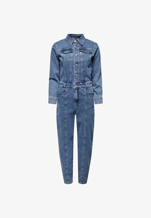 Blauer Jeans-Overall mit langen Ärmeln, vorderer Knopfleiste, Kragen, Brust- und Seitentaschen sowie gesteppten vertikalen Nahtdetails.