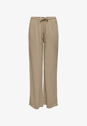 Bežīgas lina bikses ar brīvu piegriezumu, ar auklu jostu un koka pērlēm. Gluda tekstūra un platās kājas nodrošina komfortu.