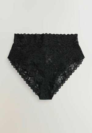 Chiloți negri din dantelă, cu talie înaltă, având un model floral, margini în valuri și un finisaj neted, texturat.