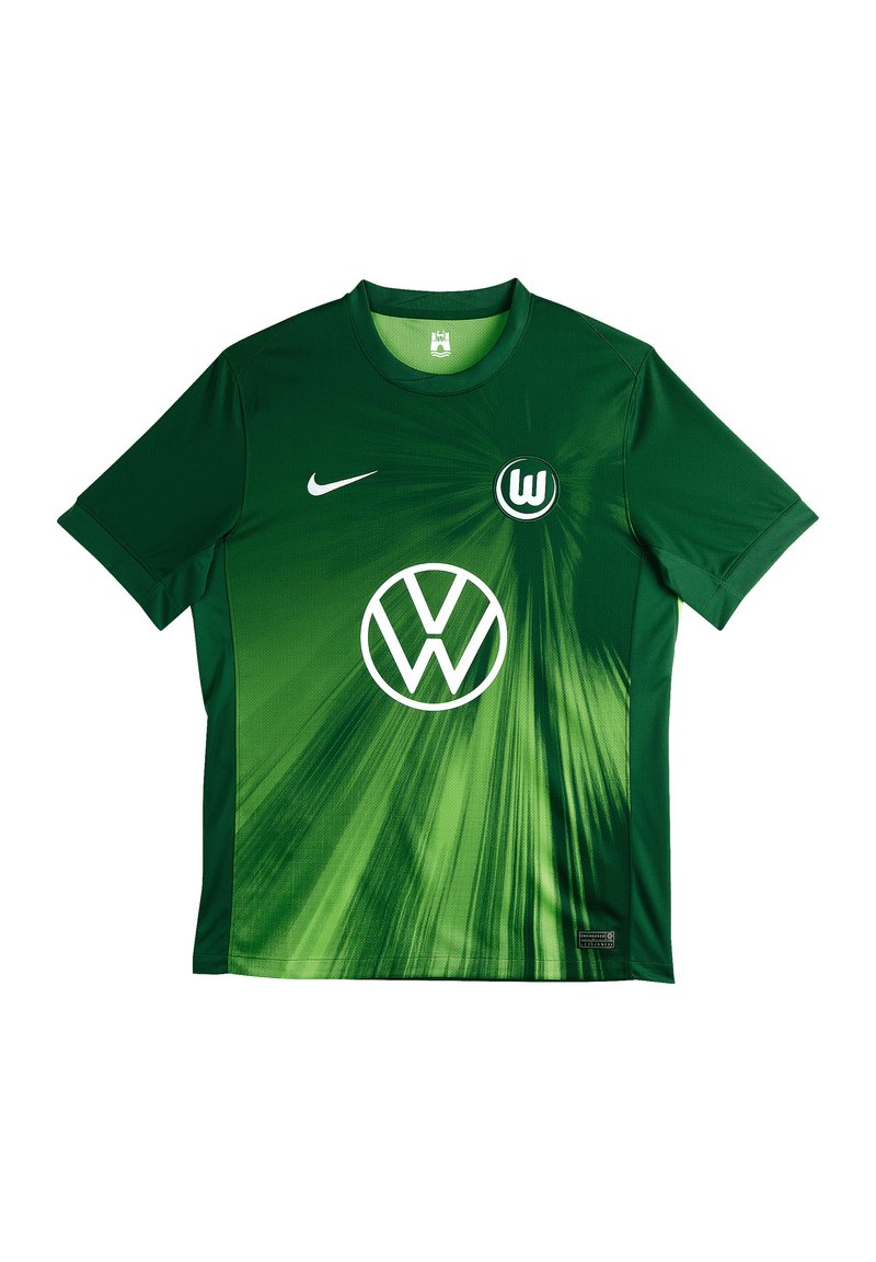 Maglia sportiva verde con motivo a gradiente, scollatura tonda, maniche corte, logo Nike ed emblemma Volkswagen sul davanti.