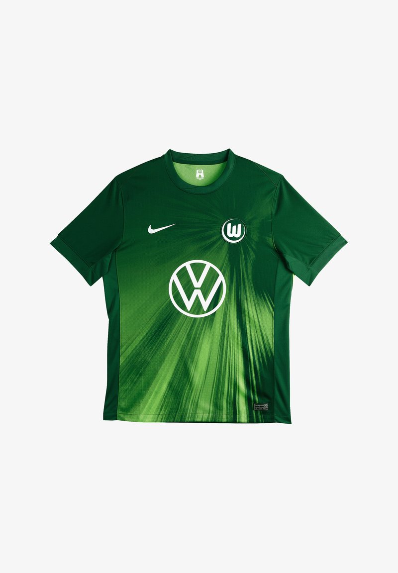 Grünes Sporttrikot mit einem Farbverlauf-Muster, Rundhalsausschnitt, kurzen Ärmeln, Nike-Logo und Volkswagen-Emblem auf der Vorderseite.
