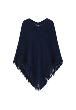 Marineblauwe poncho van textuurstof met een V-hals en lange franjes, ontworpen voor gemakkelijk in laagjes te dragen en warmte.