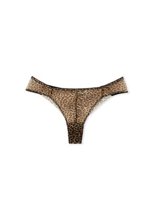 Leopardprint string met doorschijnende stof, voorzien van een gladde textuur en een zwarte elastische tailleband. Dunne zijkanten en een minimalistische bedekkingsontwerp.