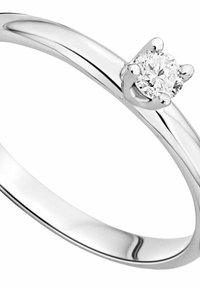 Anello di fidanzamento in argento con diamante rotondo incastonato in un montatura a quattro griffe, dotato di una fascia liscia e lucida. Design semplice ed elegante.