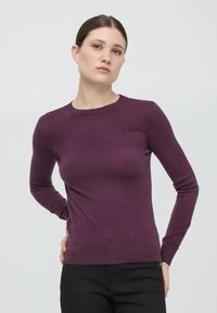 Maglione lungo viola a maniche lunghe con scollo rotondo e polsini a costine, realizzato in un materiale morbido, silhouette aderente e texture liscia.
