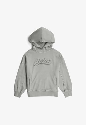 Sweat à capuche gris clair avec manches longues, poches avant et le mot "gstar" imprimé sur la poitrine en écriture cursive.
