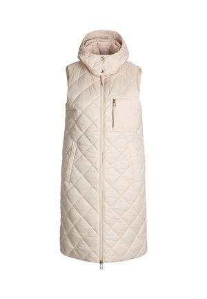 Gevoerde mouwloze vest in lichtbeige, met een hoge kraag, ritssluiting aan de voorkant en zijzakken met een ruitvormig quiltpatroon.
