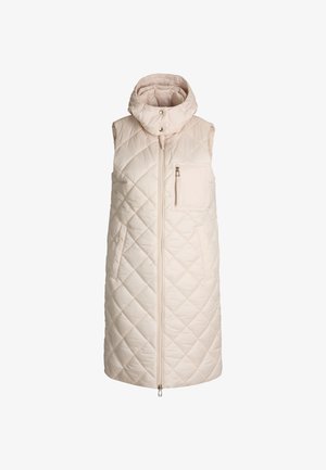 Gevoerde mouwloze vest in lichtbeige, met een hoge kraag, ritssluiting aan de voorkant en zijzakken met een ruitvormig quiltpatroon.