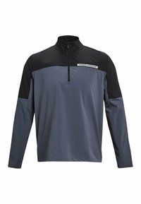 Quarter-zip pullover lavet af glat gråt stof med sorte accenter på skuldrene. Har en høj krave og et logo på brystet.