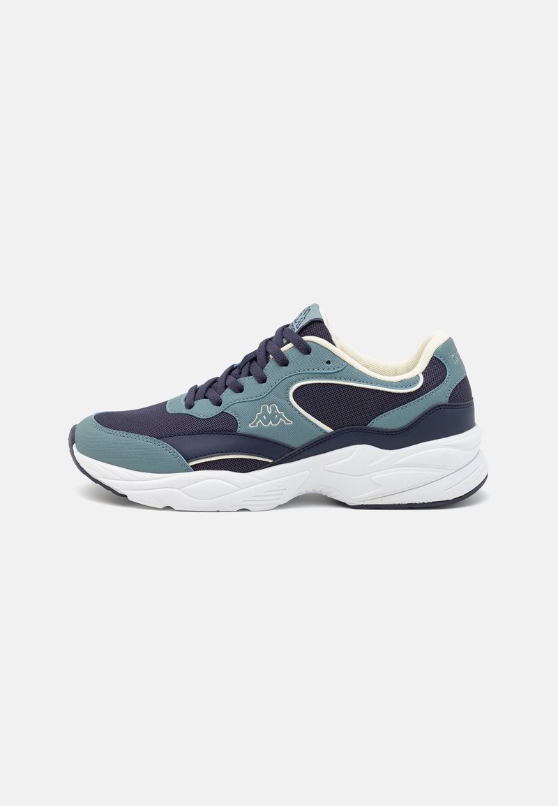 Sport sneakers with a mix of navy blue and teal upper, mesh panels, and white textured sole. Features a logo accent on the side.