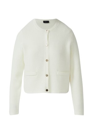 White knitted cardigan with long sleeves, round neckline, front buttons, and two patch pockets. Smooth texture with a subtle pattern.