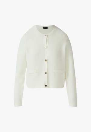 White knitted cardigan with long sleeves, round neckline, front buttons, and two patch pockets. Smooth texture with a subtle pattern.