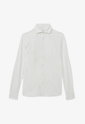 Camisa blanca de manga larga hecha de tejido ligero, con un cuello clásico, botón delantero y puños abotonados con una textura suave.