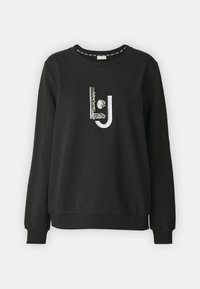 Zwarte sweatshirt met lange mouwen, geribde manchetten en een ronde halslijn, voorzien van een contrasterend wit geborduurd logo op de voorkant.