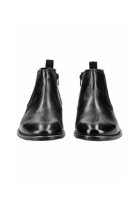 Schwarze Leder-Stiefeletten mit glatter Oberfläche, seitlichen Reißverschluss und elastischen Paneelen. Rundliche Zehenform und flache Sohle.