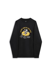 Sudadera negra de manga larga, con un gráfico amarillo y blanco de un esqueleto en una boya salvavidas. El texto dice "VANS GREAT ESCAPE".