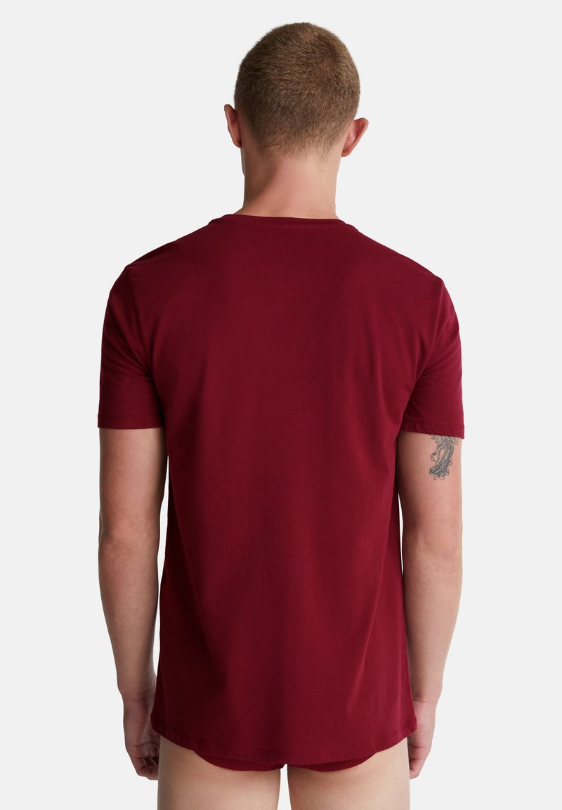 Muž s krátkými vlasy, oblečený v jednoduchém maroon tričku s krátkým rukávem, z pohledu zezadu na pozadí jednoduché bílé plochy.