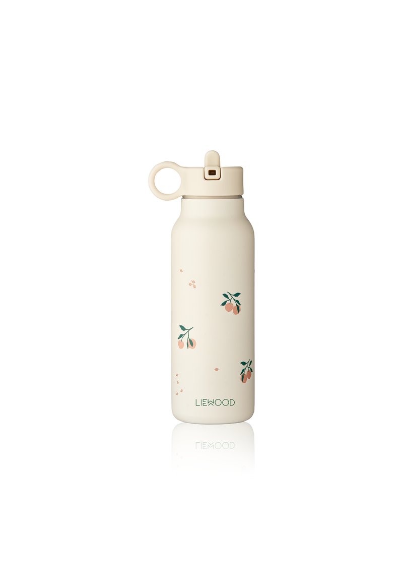 Faal beige waterfles met een verwijderbare deksel, versierd met perzikillustraties en bladerenaccenten, met een ronde draaglus.