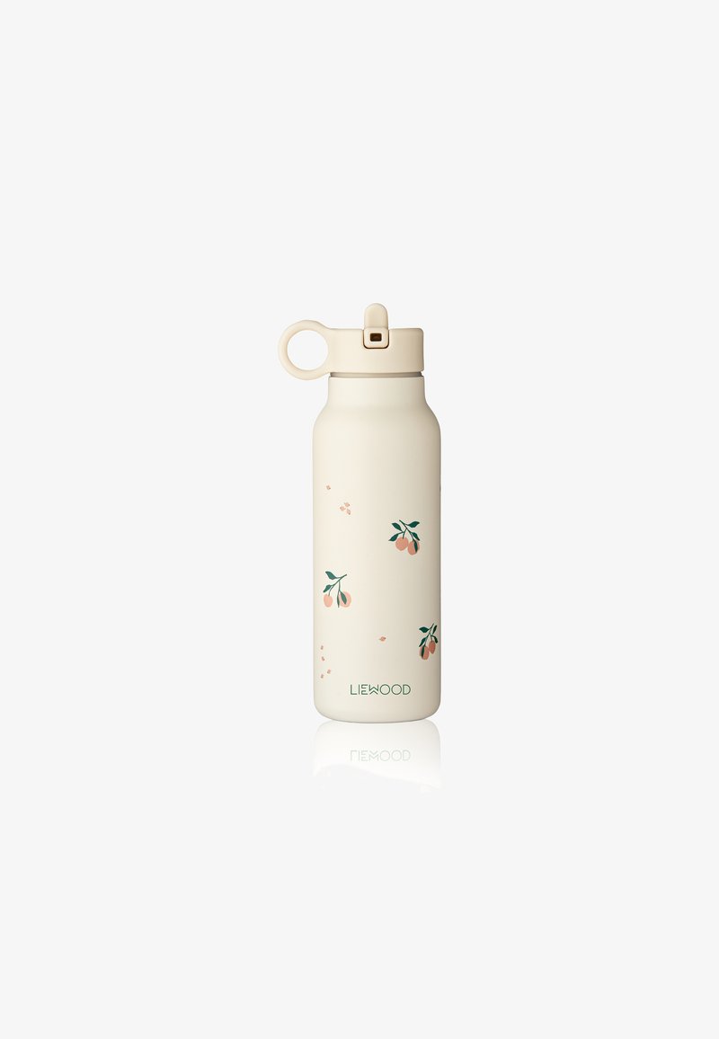 Botella de agua de color beige pálido con tapa removible, decorada con ilustraciones de melocotones y acentos de hojas, que cuenta con un asa circular para transportar.