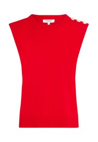 Haut tricot sans manches rouge avec encolure ronde et trois boutons décoratifs dorés sur l'épaule gauche.