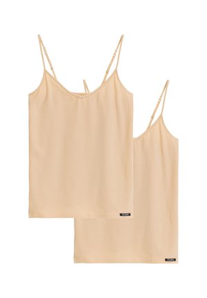 Dwa beżowe podkoszulki na cienkich, regulowanych ramiączkach z małymi czarnymi metkami "ATLANTIC" przy dolnym brzegu na białym tle.