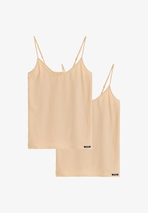 Dwa beżowe podkoszulki na cienkich, regulowanych ramiączkach z małymi czarnymi metkami "ATLANTIC" przy dolnym brzegu na białym tle.
